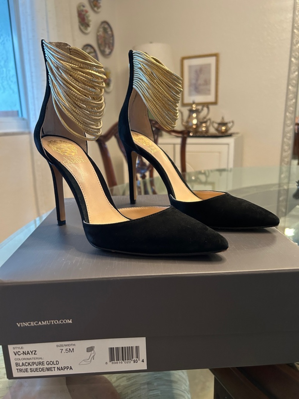 Vince Camuto Black Suede Pointed Toe Stiletto Pumps with Gold Ankle Accent